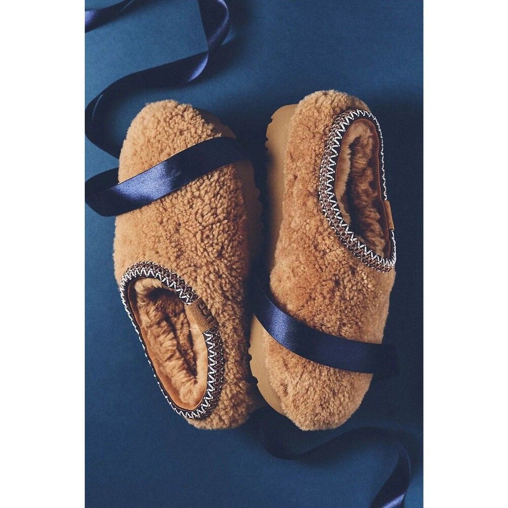 Anthropologie UGG Tasman Maxi Curly Slippers Natural NEW US 8